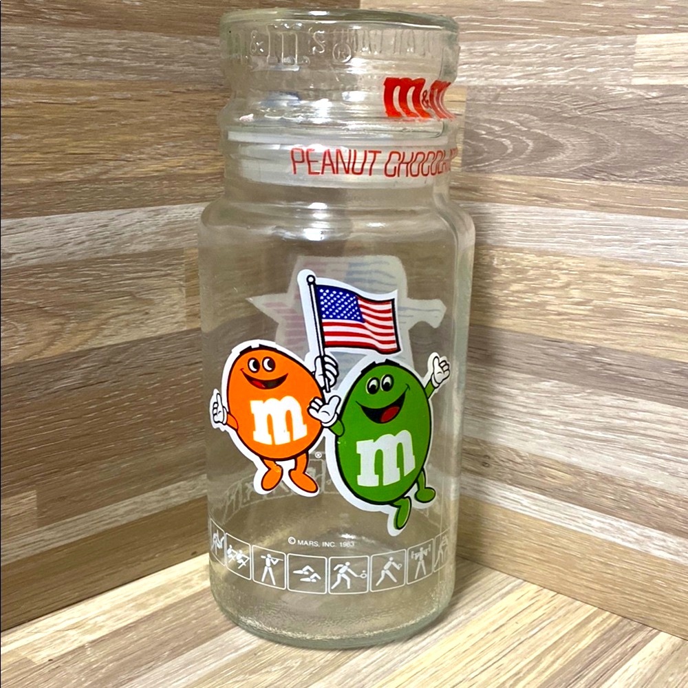M&M'S Glass Jar with Orange and Green Characters Los Angeles Olympics vintage 80 - Picture 8 of 8
